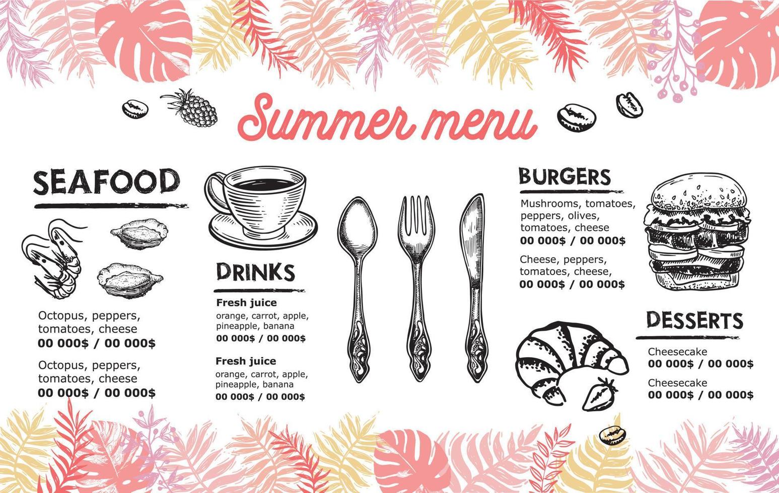 Summer menu, template design. Food flyer. Hand-drawn style. Vector illustration