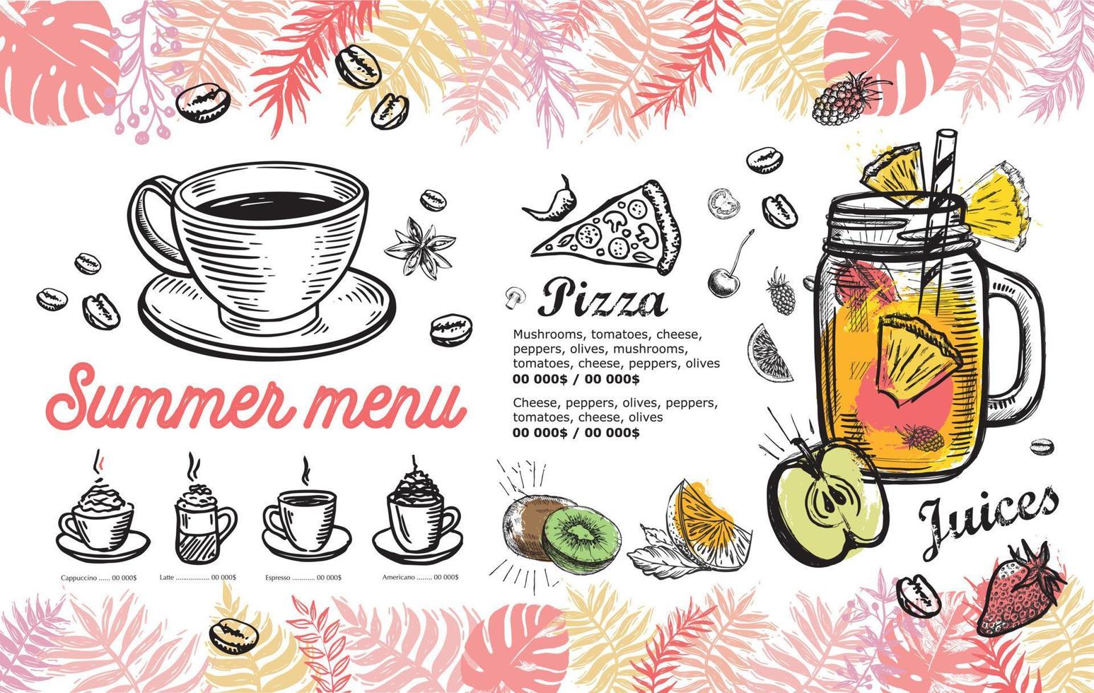 Summer menu, template design. Food flyer. Hand-drawn style. Vector illustration