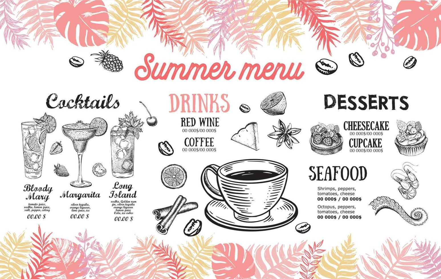 Summer menu, template design. Food flyer. Hand-drawn style. Vector illustration