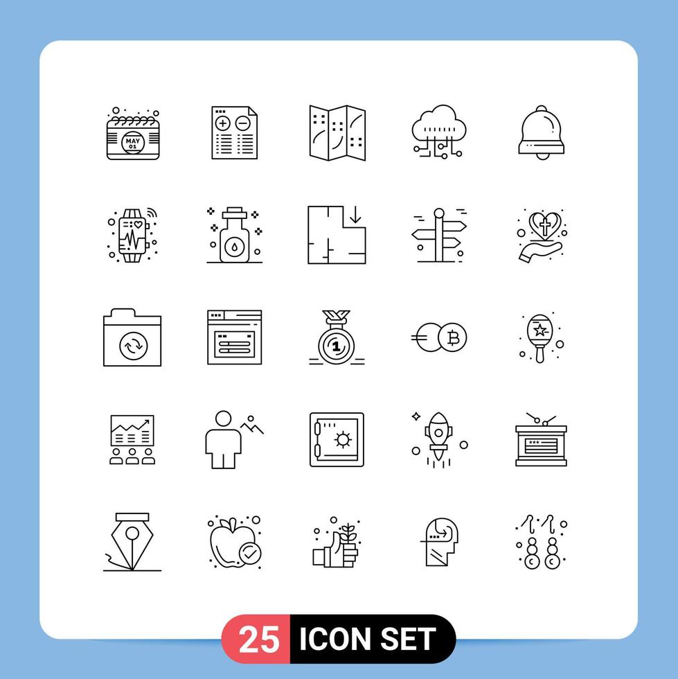 Mobile Interface Line Set of 25 Pictograms of christmas bell bells map bell manage Editable Vector Design Elements