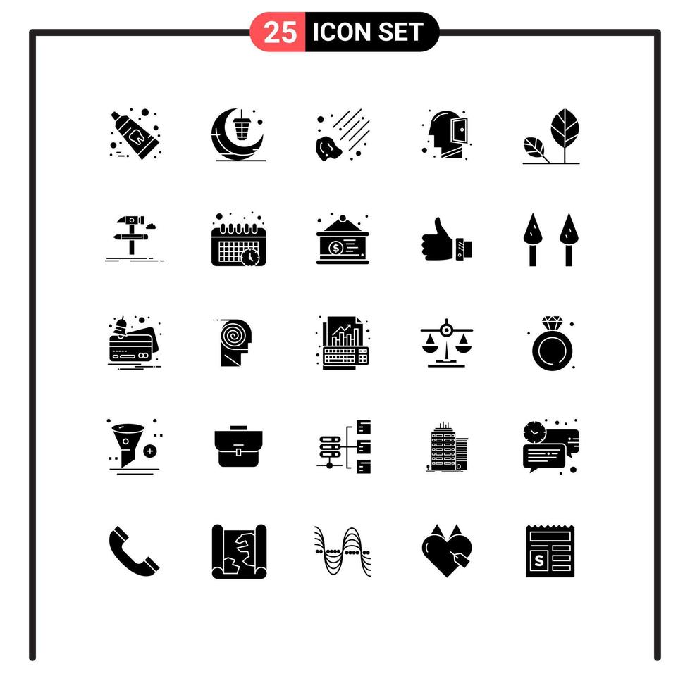 25 User Interface Solid Glyph Pack of modern Signs and Symbols of eco thinking cresent open mind head Editable Vector Design Elements