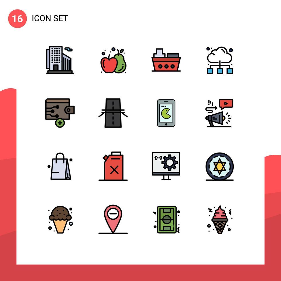 Modern Set of 16 Flat Color Filled Lines Pictograph of wallet business marine internet network Editable Creative Vector Design Elements