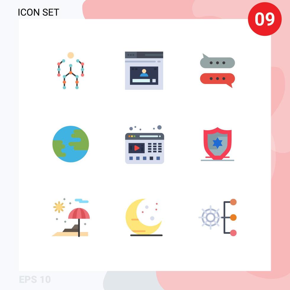 9 User Interface Flat Color Pack of modern Signs and Symbols of player globe website earth message Editable Vector Design Elements