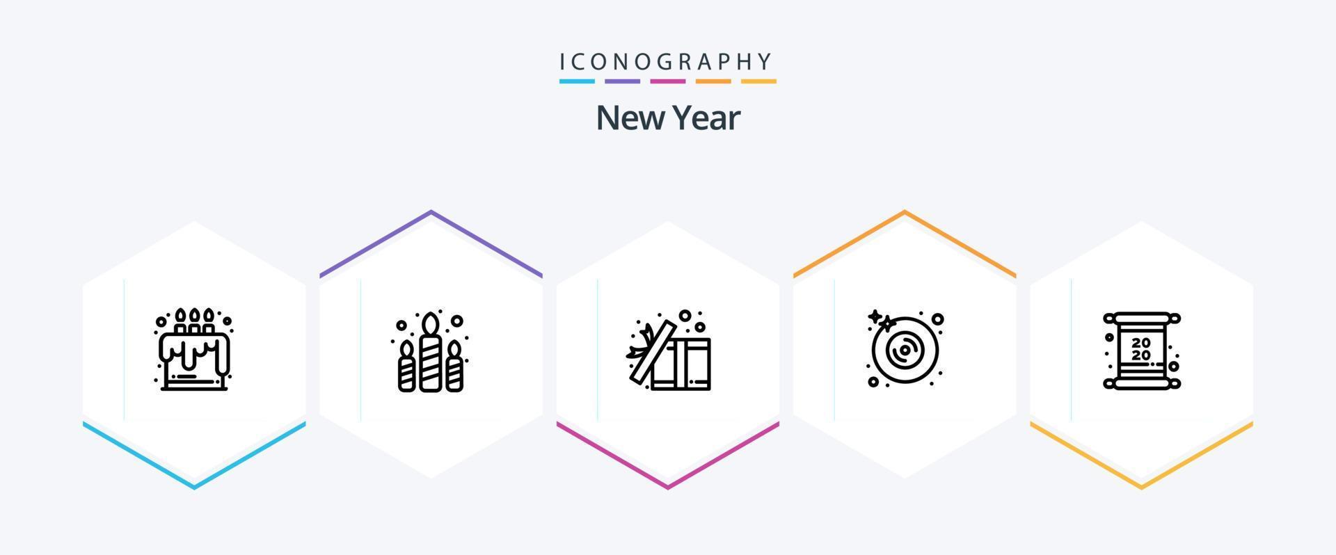 New Year 25 Line icon pack including card. multimedia. box. dvd. surprise vector