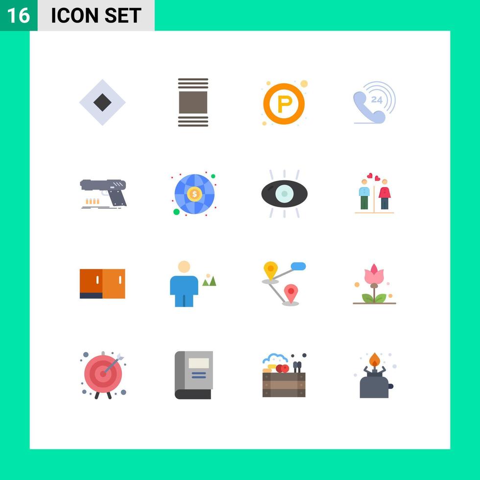 User Interface Pack of 16 Basic Flat Colors of pistol gun signs phone Editable Pack of Creative Vector Design Elements