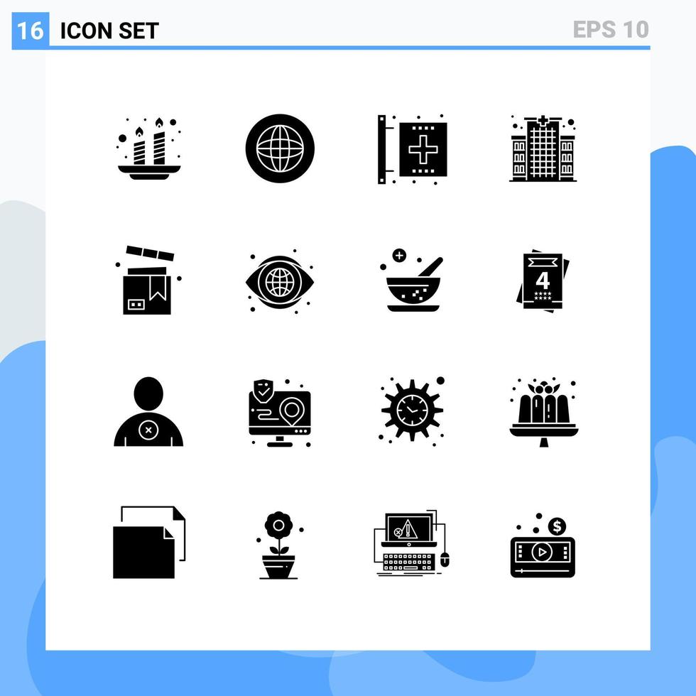 16 Universal Solid Glyph Signs Symbols of care clinic support building form Editable Vector Design Elements