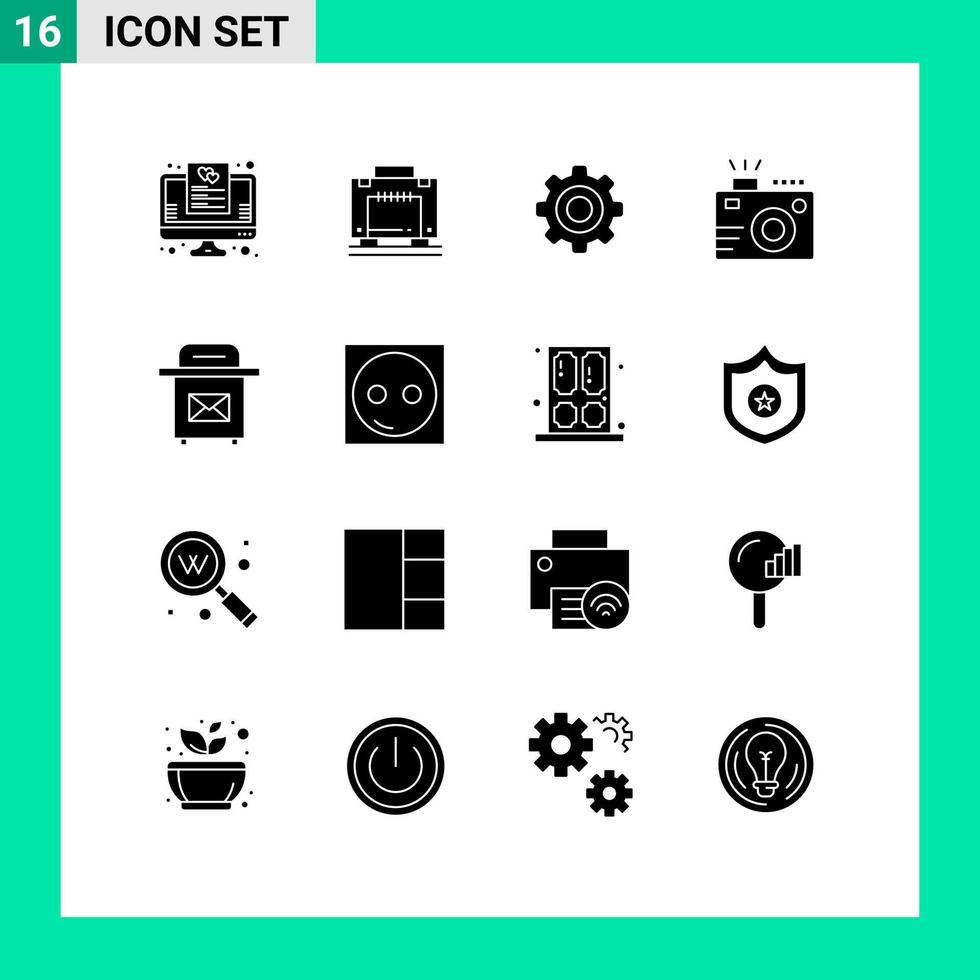 Solid Glyph Pack of 16 Universal Symbols of mail photography basic photo camera Editable Vector Design Elements