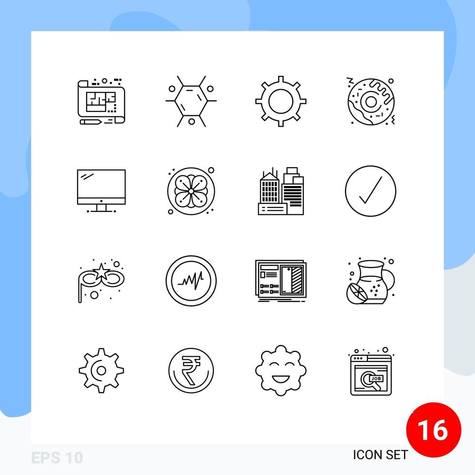 User Interface Pack of 16 Basic Outlines of device computer basic food pizza Editable Vector Design Elements