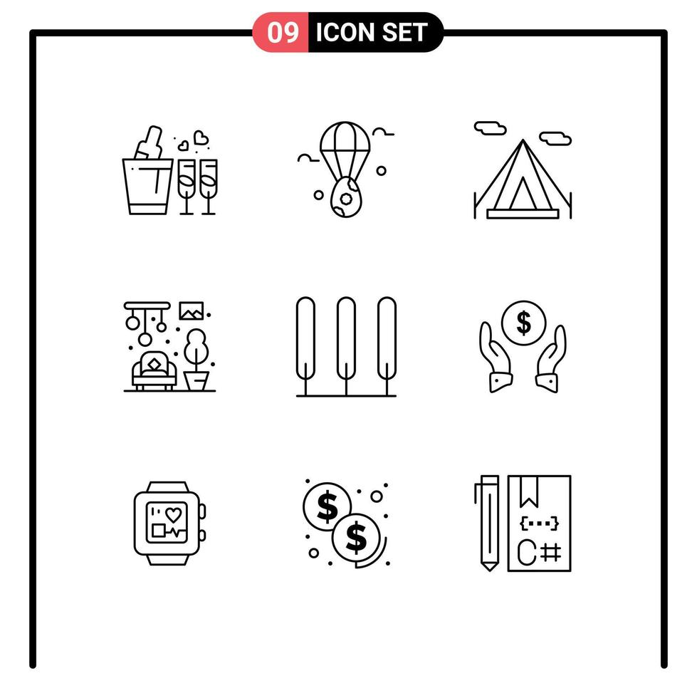 Outline Pack of 9 Universal Symbols of insurance nature beach tent cypress living Editable Vector Design Elements