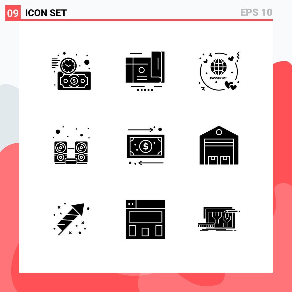 9 Thematic Vector Solid Glyphs and Editable Symbols of cash speaker honeymoon music computer Editable Vector Design Elements