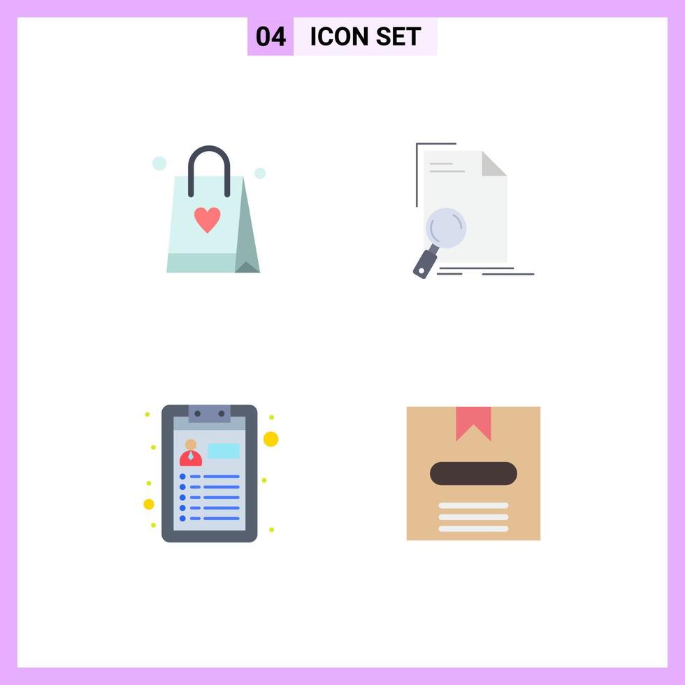 Set of 4 Vector Flat Icons on Grid for shopping bag job analysis find box Editable Vector Design Elements