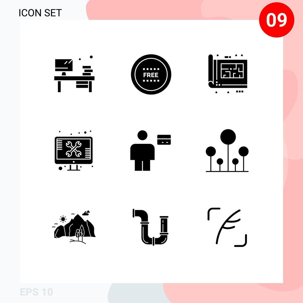 User Interface Pack of 9 Basic Solid Glyphs of technical screen shop repair plan Editable Vector Design Elements