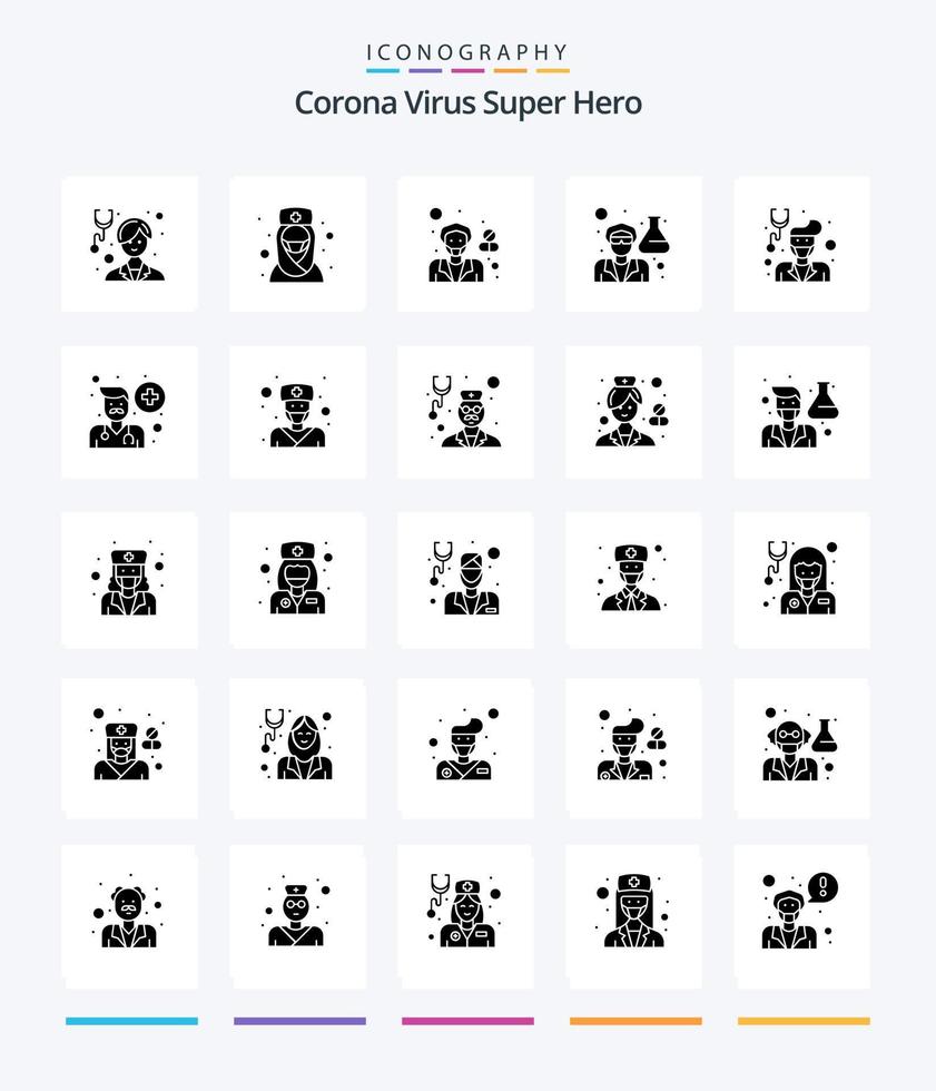 Creative Corona Virus Super Hero 25 Glyph Solid Black icon pack  Such As scientist. doctor. muslim doctor. pharmacy. hospital vector