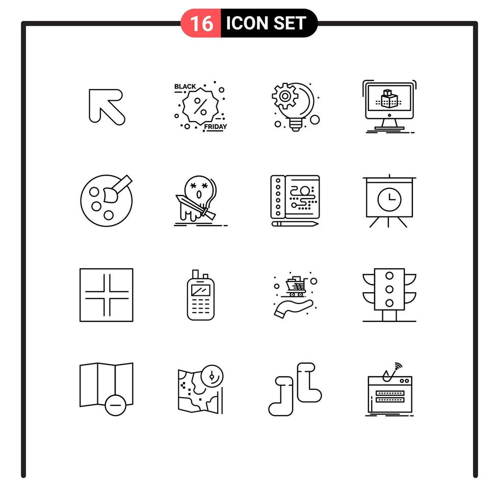 Set of 16 Modern UI Icons Symbols Signs for death education innovative idea drawing modelling Editable Vector Design Elements