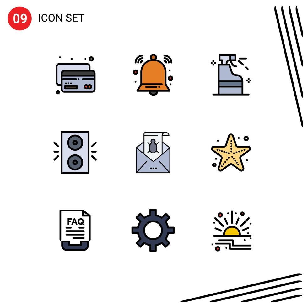 Mobile Interface Filledline Flat Color Set of 9 Pictograms of mail bug cleaning xmas holiday Editable Vector Design Elements