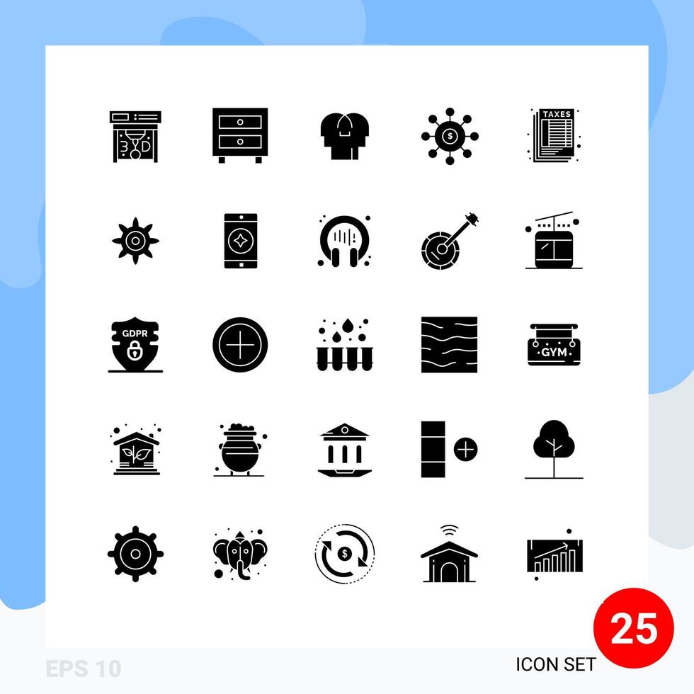 Set of 25 Vector Solid Glyphs on Grid for sheet financial feelings seeding money Editable Vector Design Elements