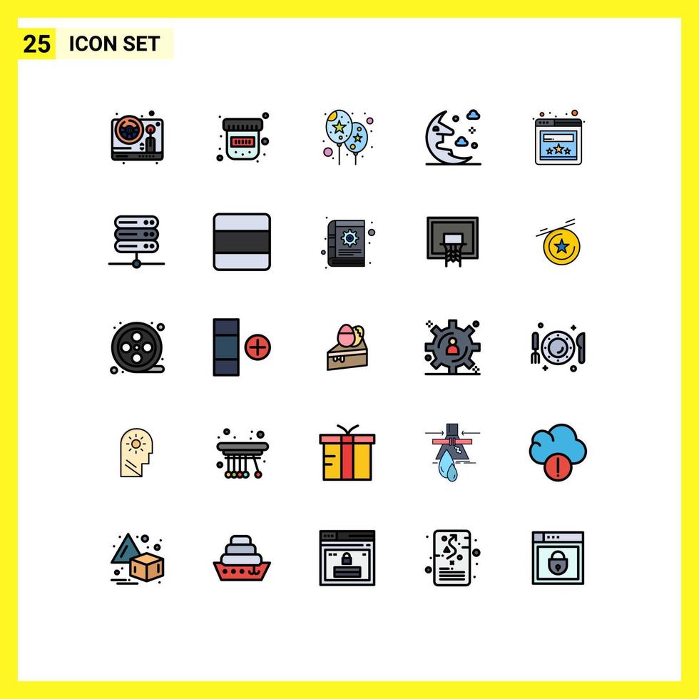 25 User Interface Filled line Flat Color Pack of modern Signs and Symbols of database rating event browser night Editable Vector Design Elements