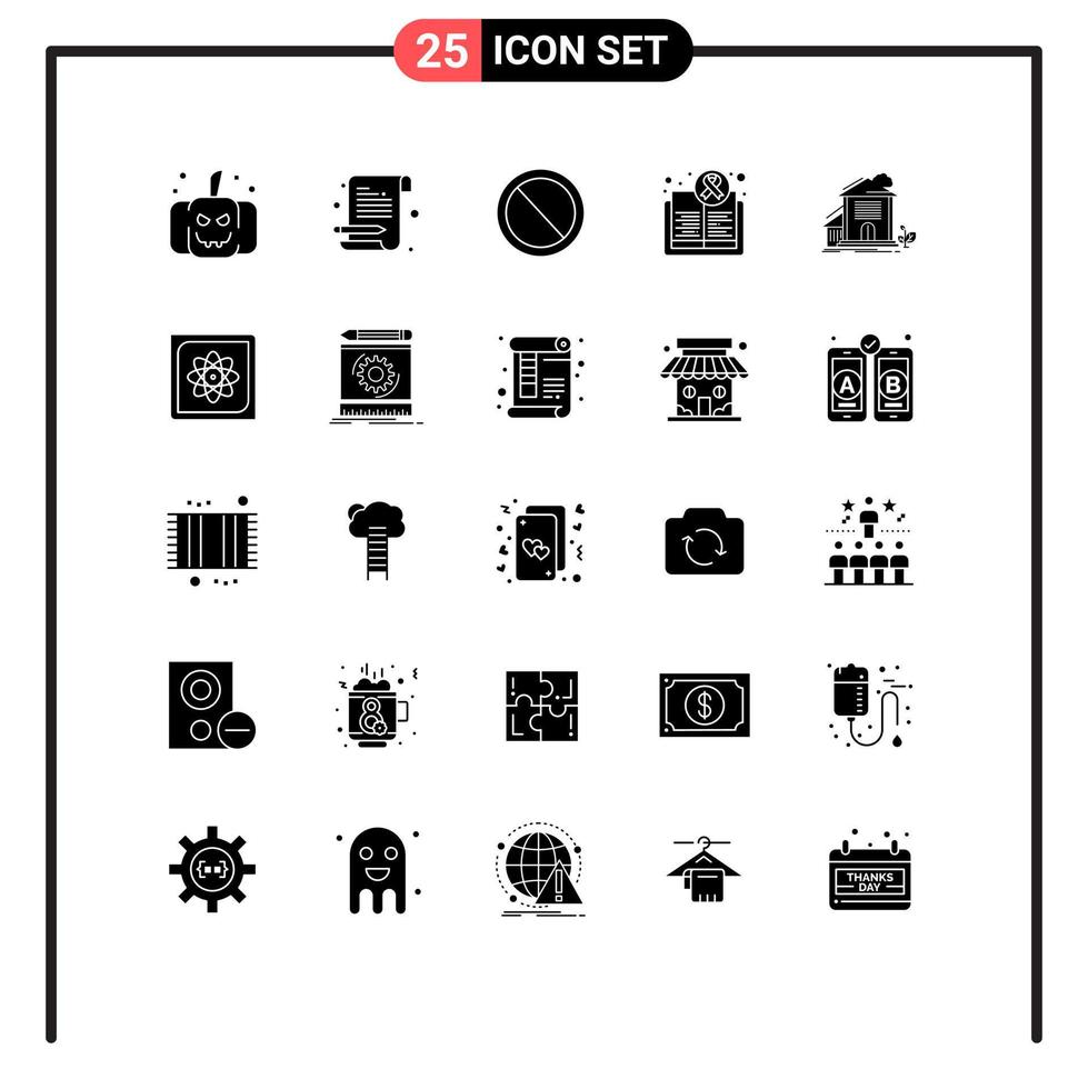 Modern Set of 25 Solid Glyphs and symbols such as house health no day book Editable Vector Design Elements