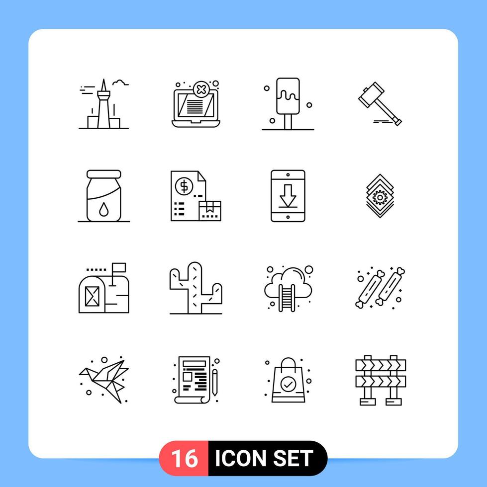 Outline Pack of 16 Universal Symbols of law gavel threat court action Editable Vector Design Elements