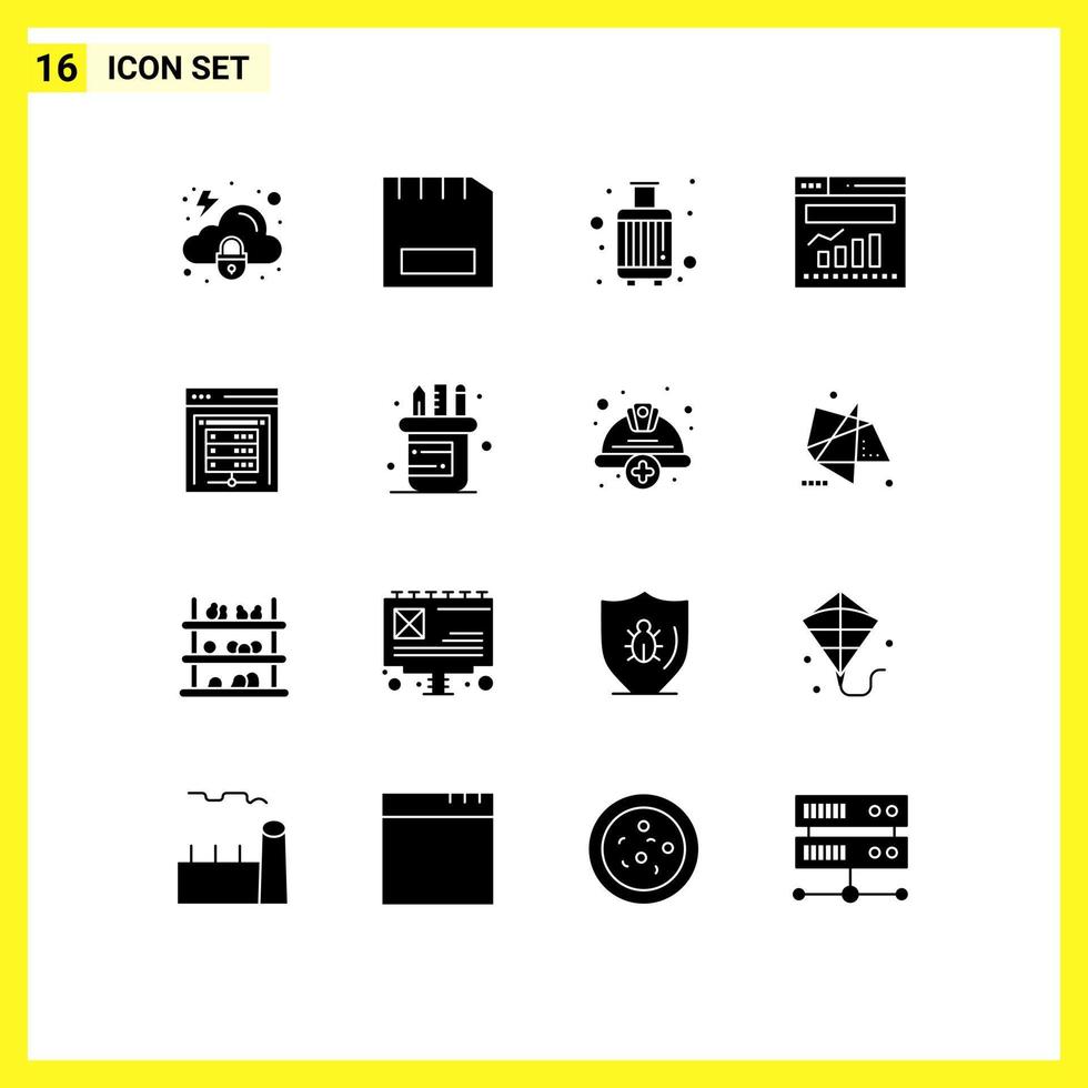 Pictogram Set of 16 Simple Solid Glyphs of web graph hardware chart suitcase Editable Vector Design Elements