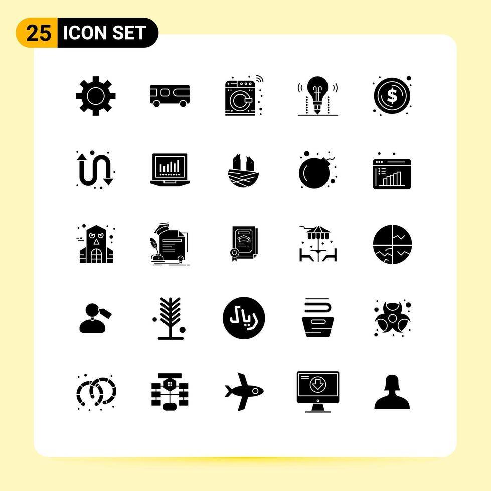Pictogram Set of 25 Simple Solid Glyphs of coin science machine solution bulb Editable Vector Design Elements