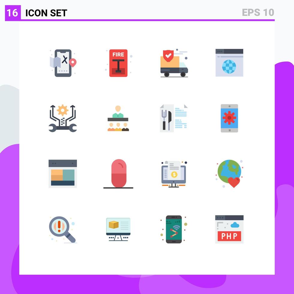 Editable Vector Line Pack of 16 Simple Flat Colors of gear web insurance server internet Editable Pack of Creative Vector Design Elements