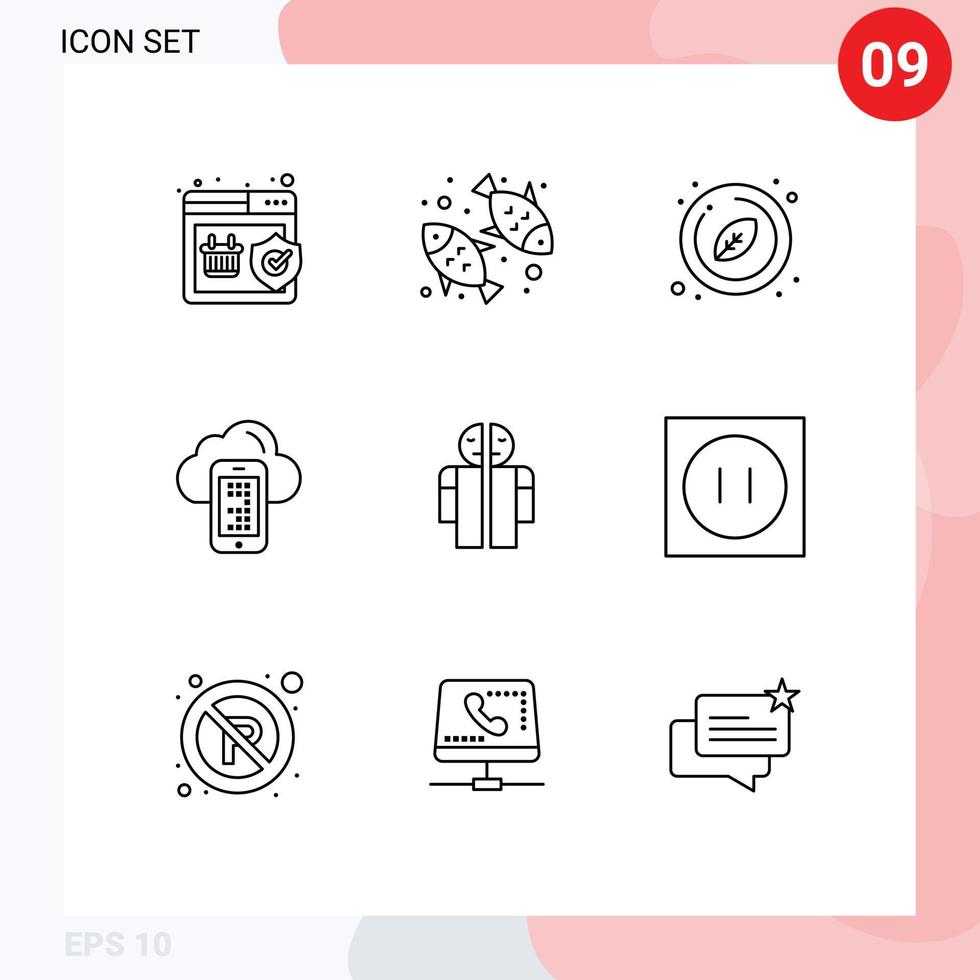 Mobile Interface Outline Set of 9 Pictograms of broken cell circle mobile cloud Editable Vector Design Elements