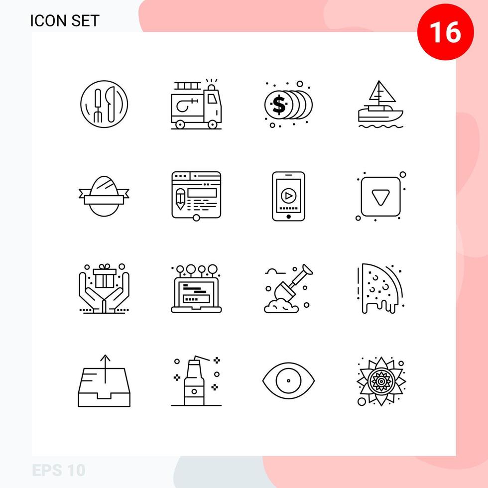 Set of 16 Vector Outlines on Grid for egg country coins indian boat Editable Vector Design Elements