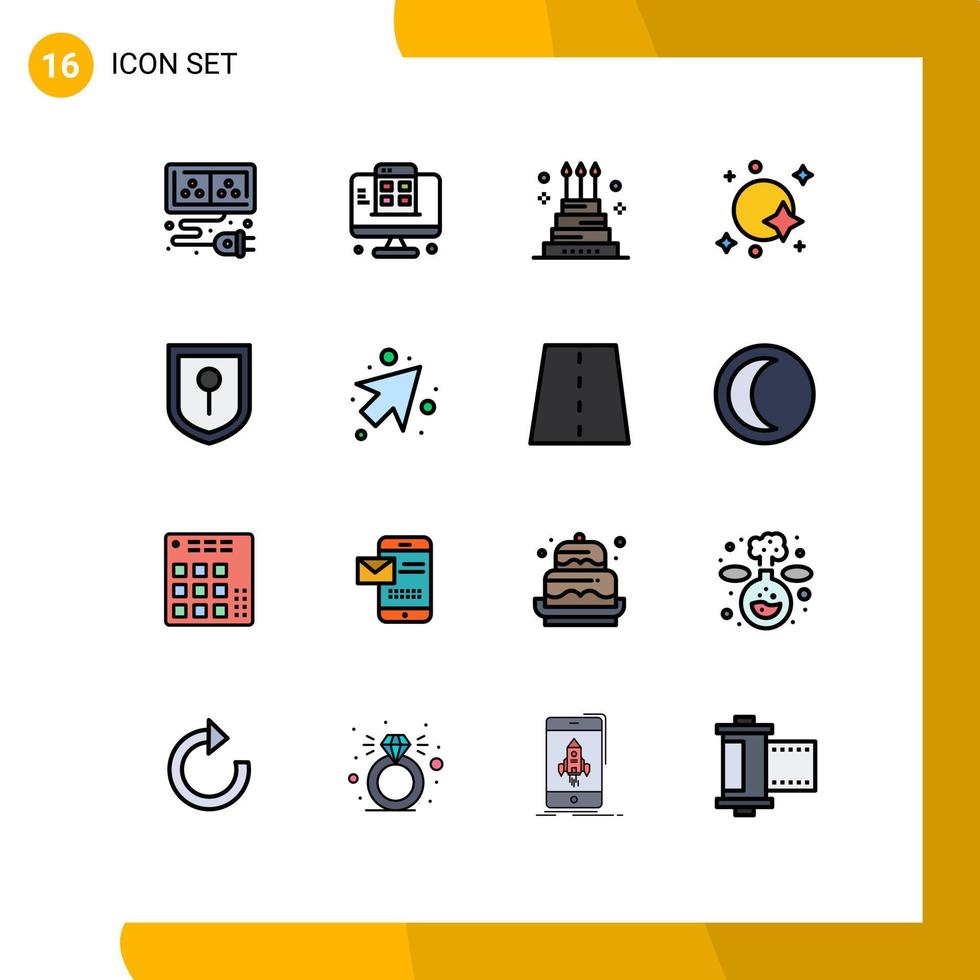 16 Thematic Vector Flat Color Filled Lines and Editable Symbols of spaceship satellite cake galaxy holiday Editable Creative Vector Design Elements