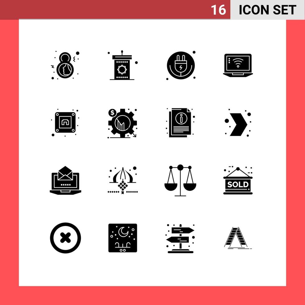 Pack of 16 creative Solid Glyphs of signal laptop mosque wifi internet of things Editable Vector Design Elements