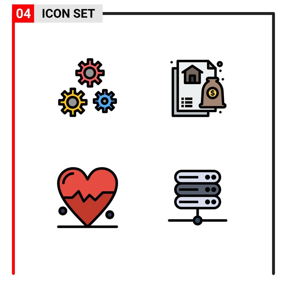 Set of 4 Modern UI Icons Symbols Signs for configuration heart service housing database Editable Vector Design Elements