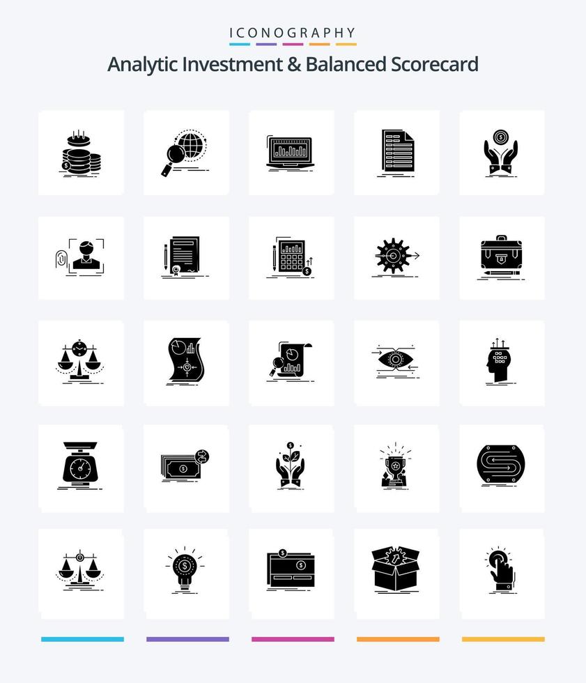 Creative Analytic Investment And Balanced Scorecard 25 Glyph Solid Black icon pack  Such As file. bill. research. stock. index vector