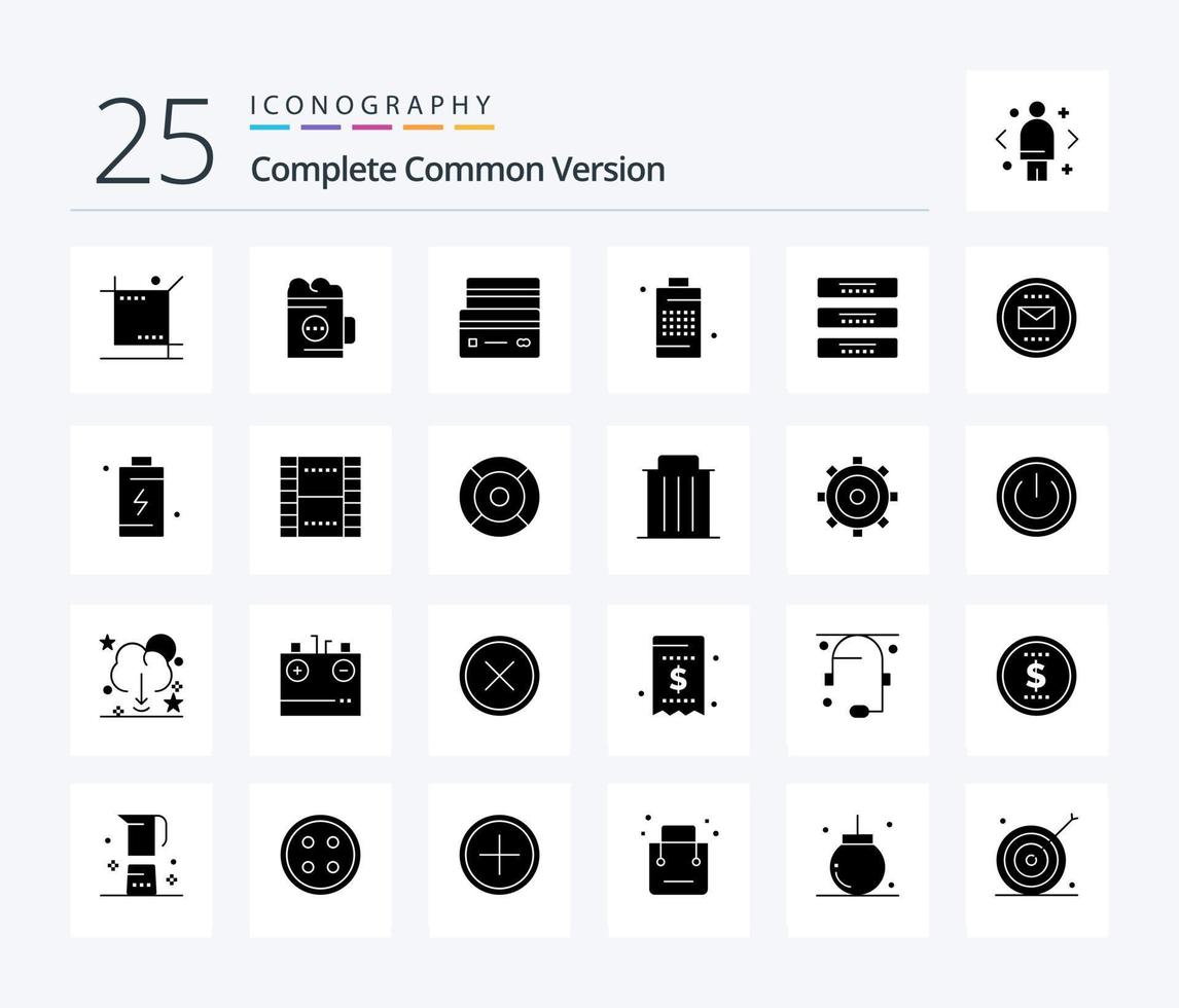 Complete Common Version 25 Solid Glyph icon pack including energy. battery. drink. shopping. debit vector