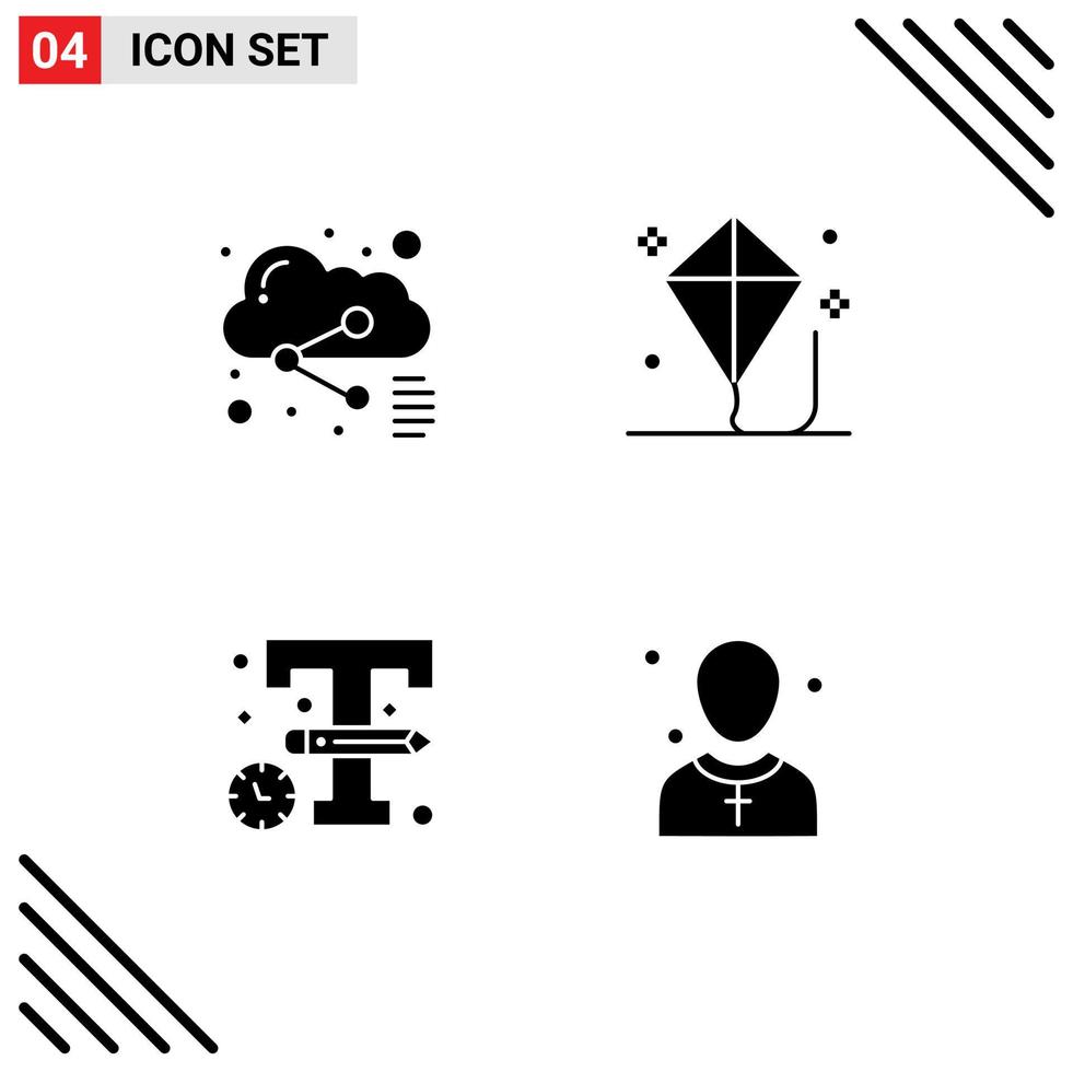 Pictogram Set of 4 Simple Solid Glyphs of cloud design sharing kite sketch Editable Vector Design Elements