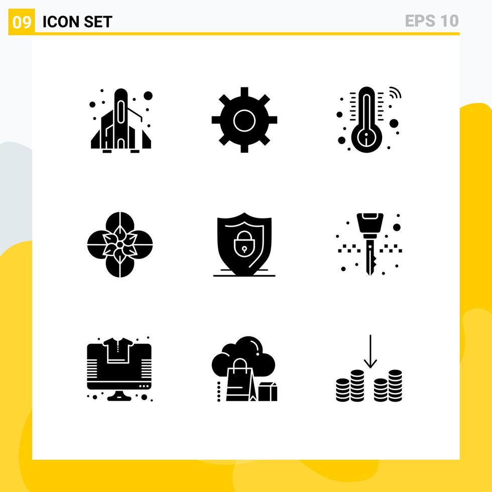 Pictogram Set of 9 Simple Solid Glyphs of security shield temperature internet flower Editable Vector Design Elements