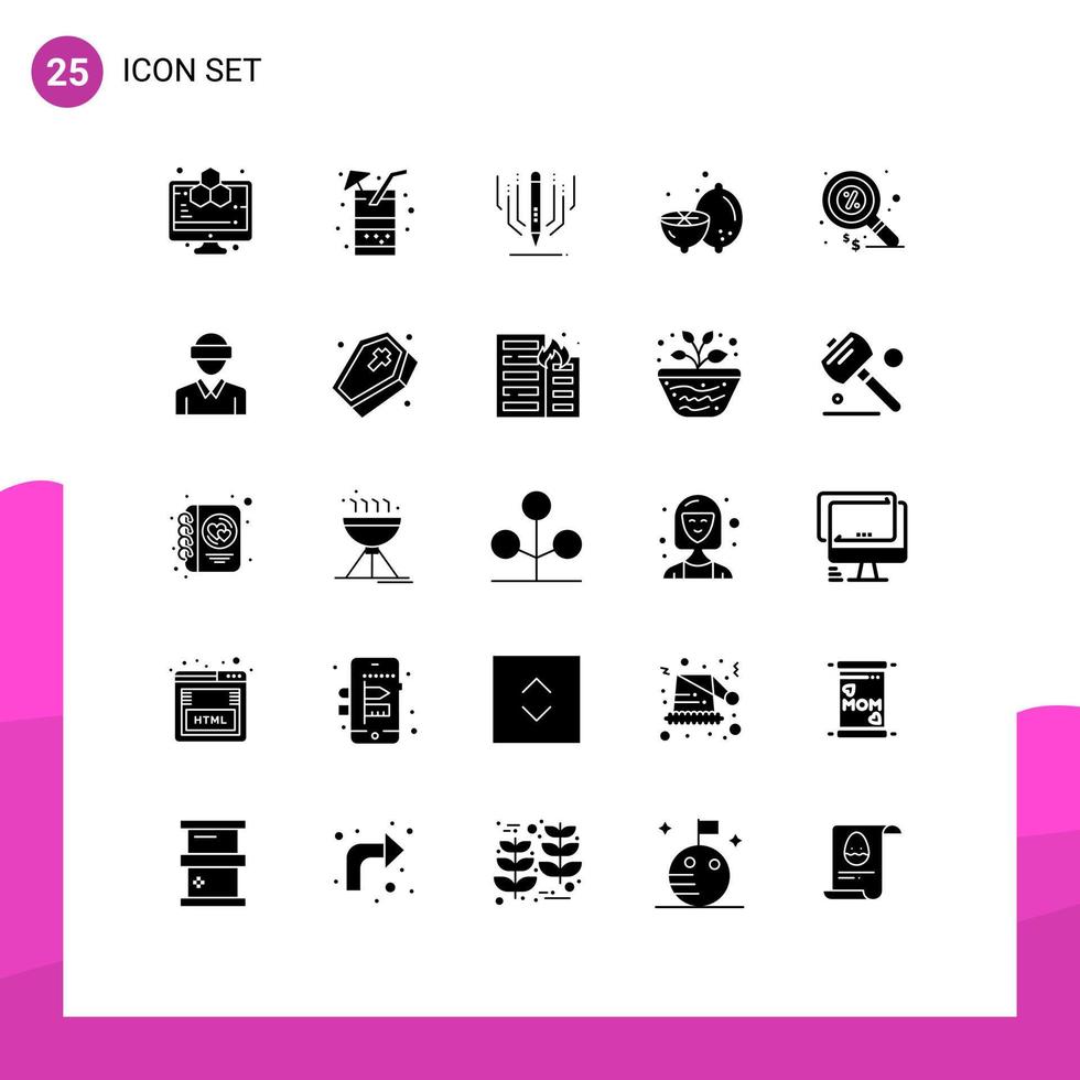 Set of 25 Vector Solid Glyphs on Grid for finance fruit digital art summer lemon Editable Vector Design Elements