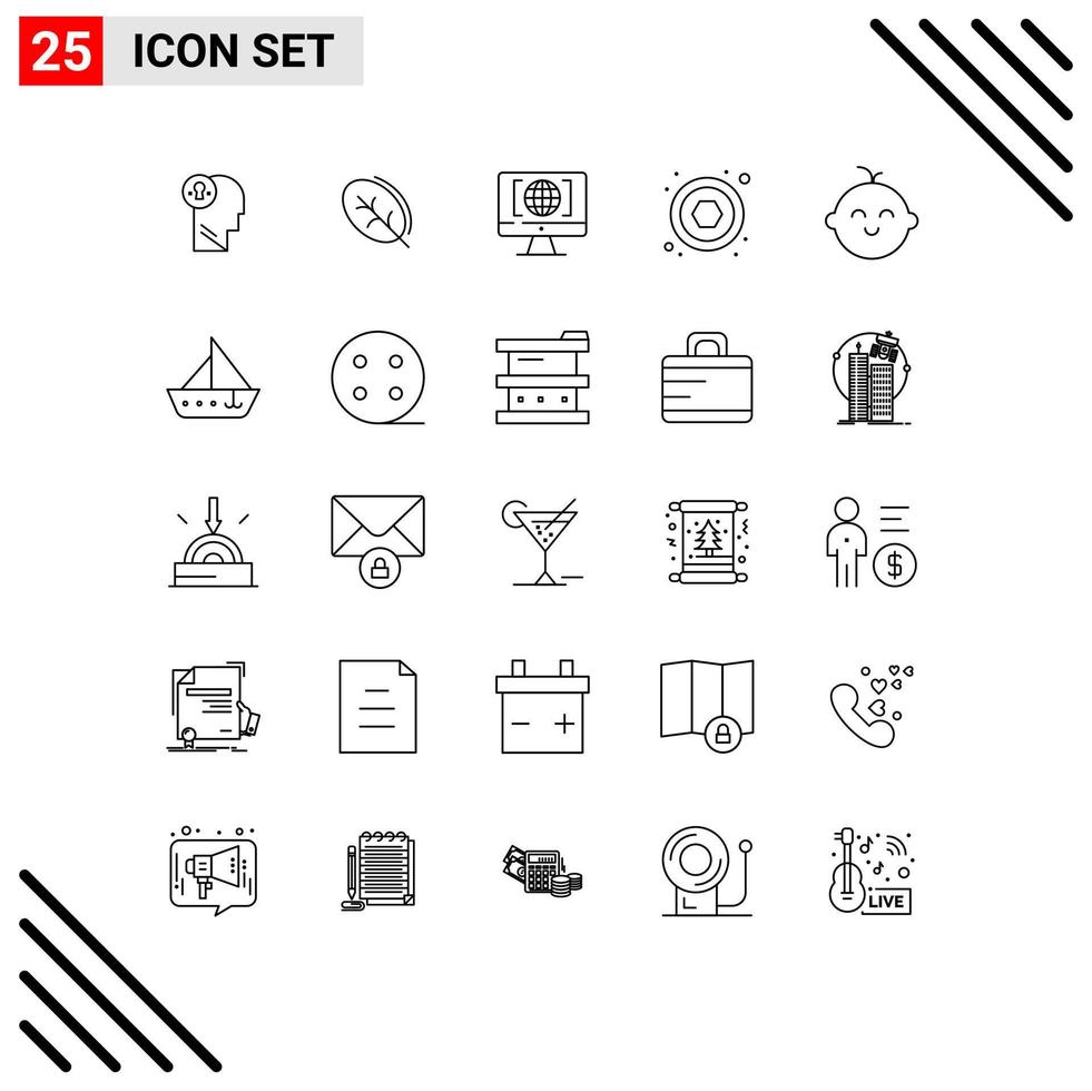 Pictogram Set of 25 Simple Lines of child screw spring hexahedron big think Editable Vector Design Elements