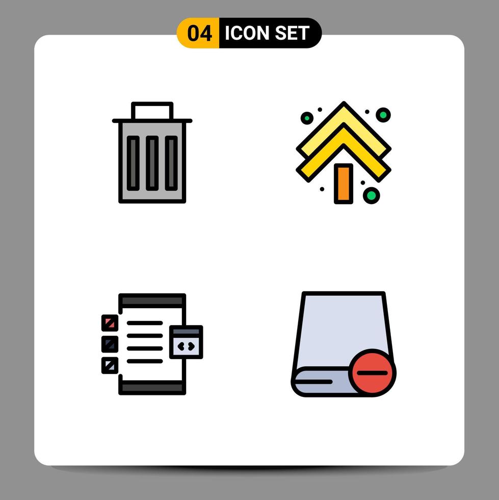 4 Universal Filledline Flat Color Signs Symbols of delete coding user up development Editable Vector Design Elements
