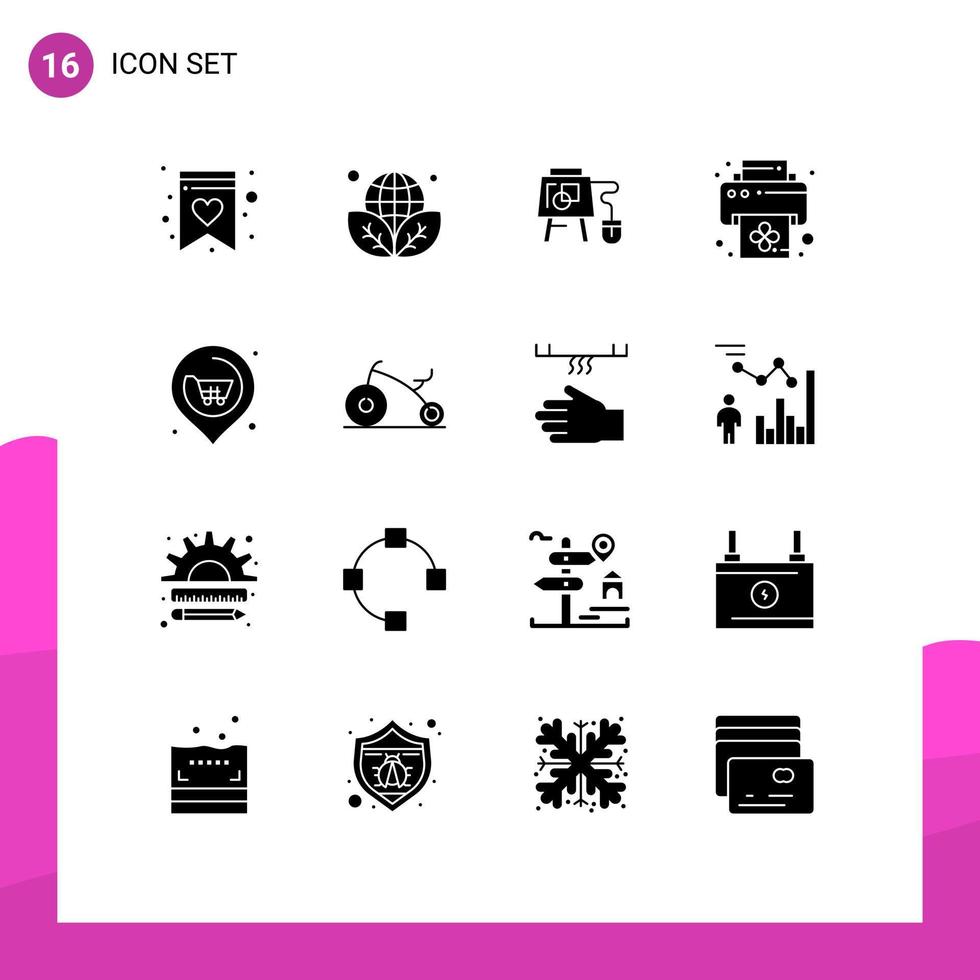 Modern Set of 16 Solid Glyphs and symbols such as supermarket next online location print Editable Vector Design Elements