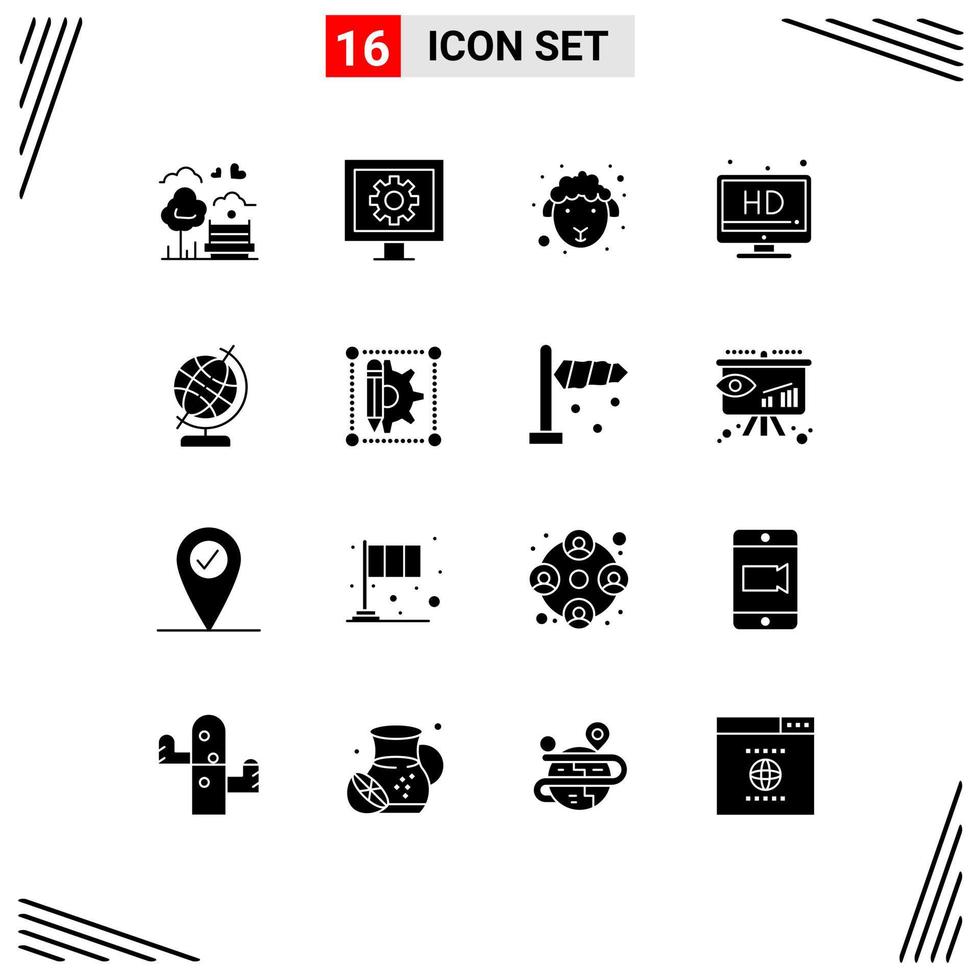 Pack of 16 Modern Solid Glyphs Signs and Symbols for Web Print Media such as geography television watch screen sheep Editable Vector Design Elements