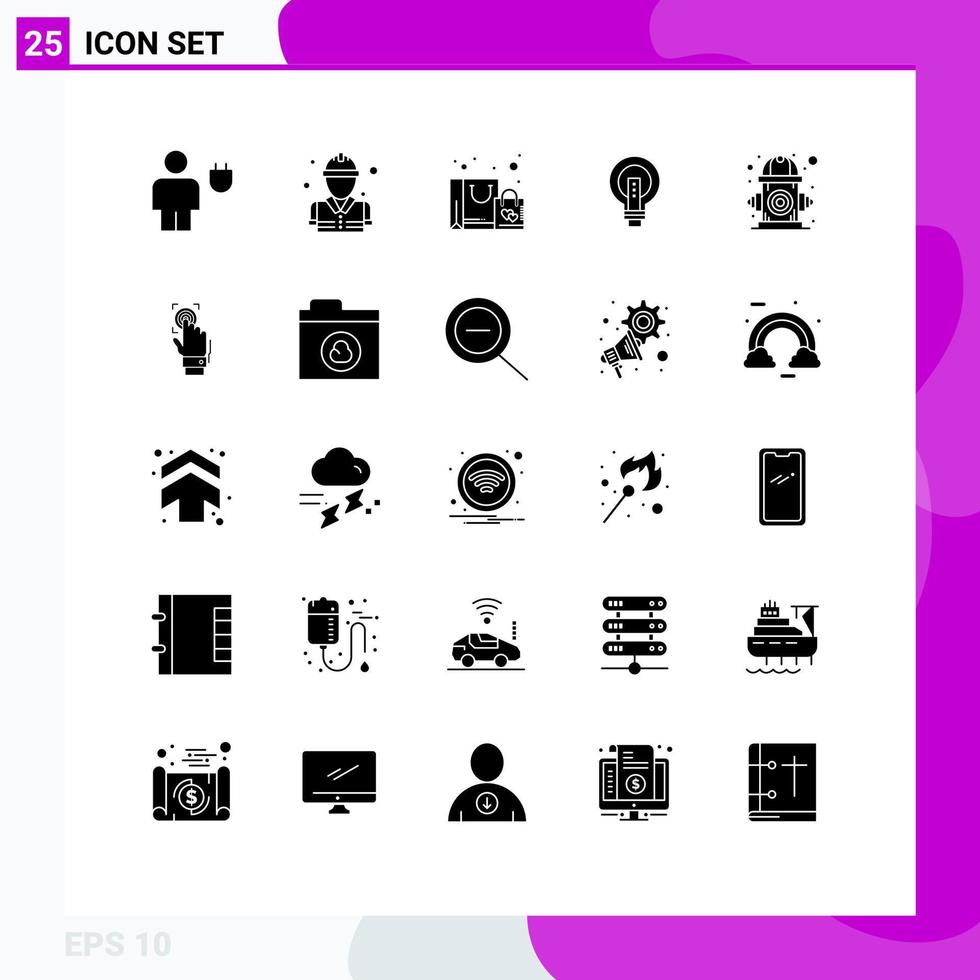 Universal Icon Symbols Group of 25 Modern Solid Glyphs of light business fireman bright purchase Editable Vector Design Elements