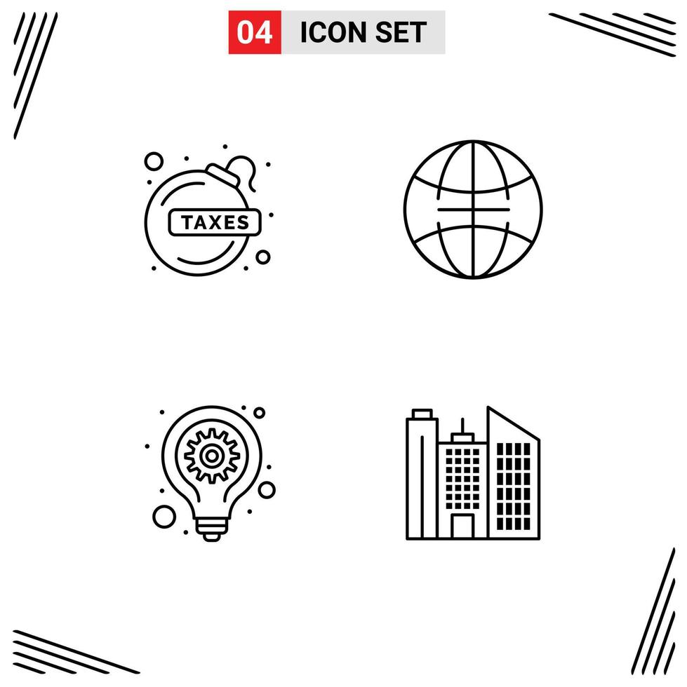 Set of 4 Modern UI Icons Symbols Signs for bomb lamp tax world building Editable Vector Design Elements