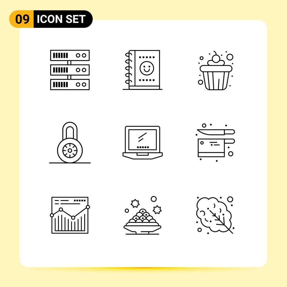 Pack of 9 Modern Outlines Signs and Symbols for Web Print Media such as cooking imac food device computer Editable Vector Design Elements