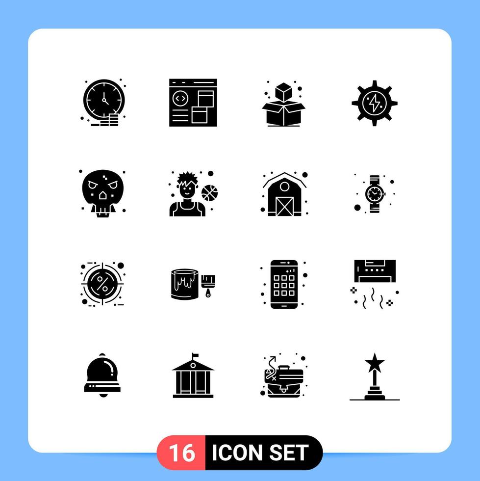 16 Thematic Vector Solid Glyphs and Editable Symbols of bones solar develop energy box Editable Vector Design Elements