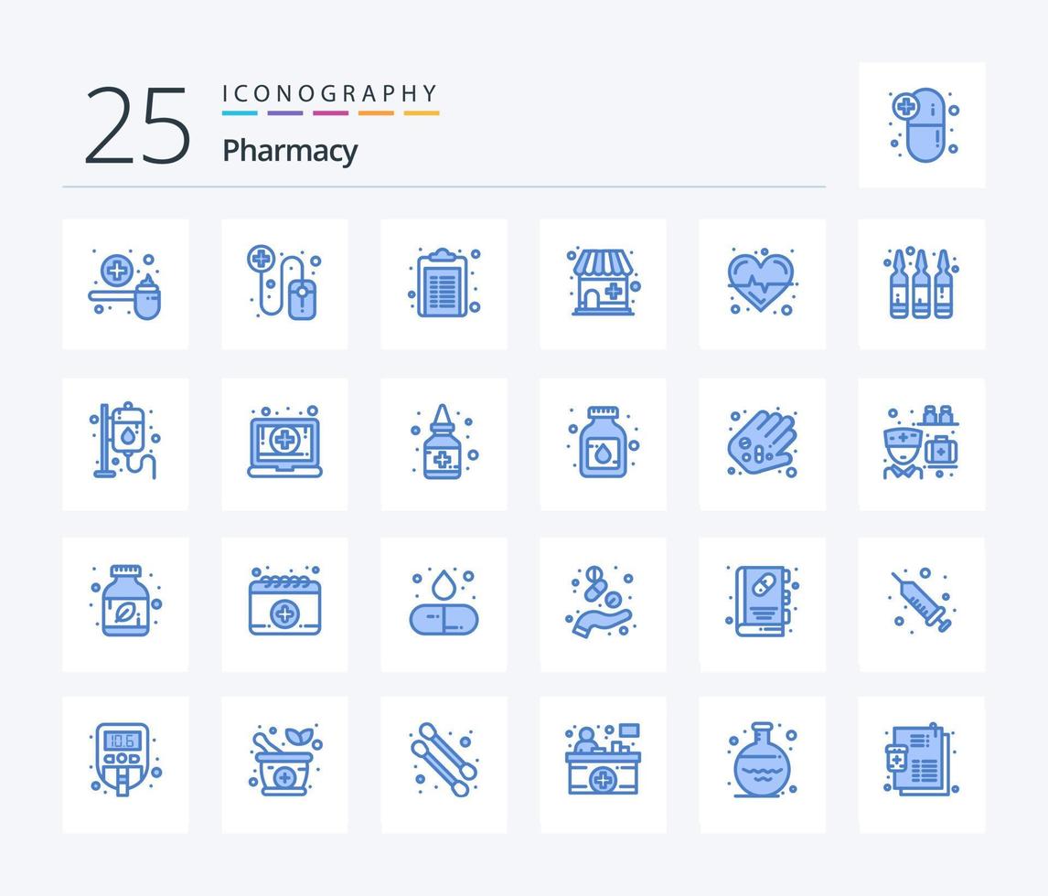 Pharmacy 25 Blue Color icon pack including science. beat. healthcare. pharmacy. drugstore vector