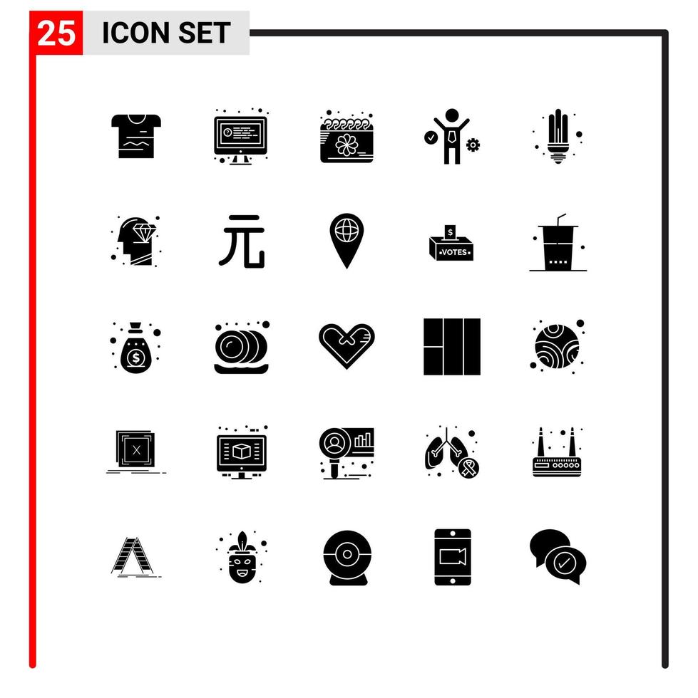 25 User Interface Solid Glyph Pack of modern Signs and Symbols of saver bulb calendar process business Editable Vector Design Elements