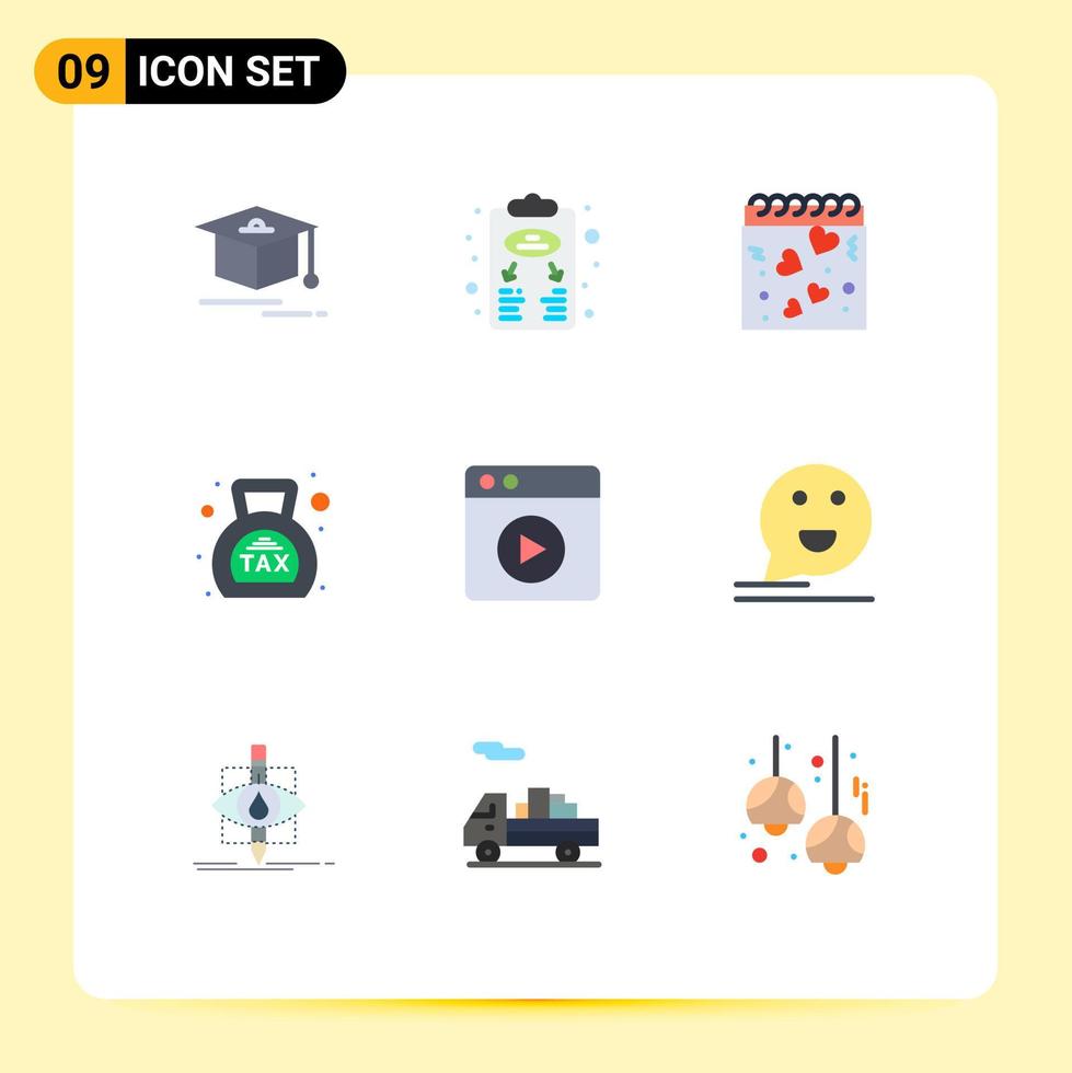 Mobile Interface Flat Color Set of 9 Pictograms of multimedia money calendar finance banking Editable Vector Design Elements