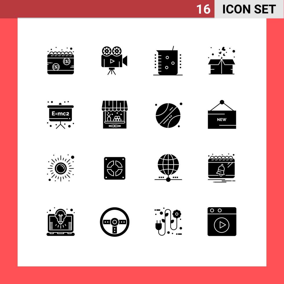 Mobile Interface Solid Glyph Set of 16 Pictograms of package gift video box chemical lab Editable Vector Design Elements