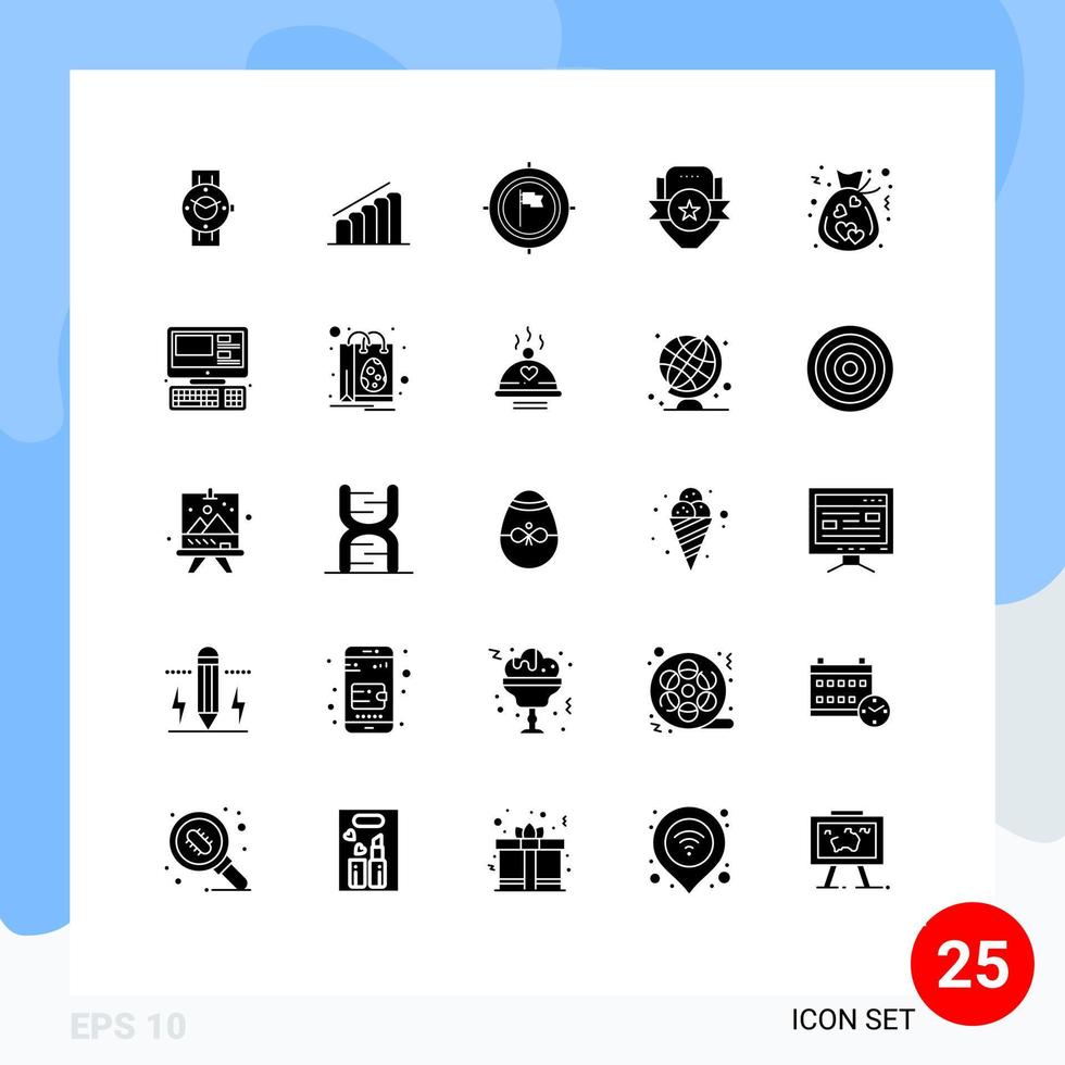 25 Universal Solid Glyph Signs Symbols of shield club analysis badge flag Editable Vector Design Elements