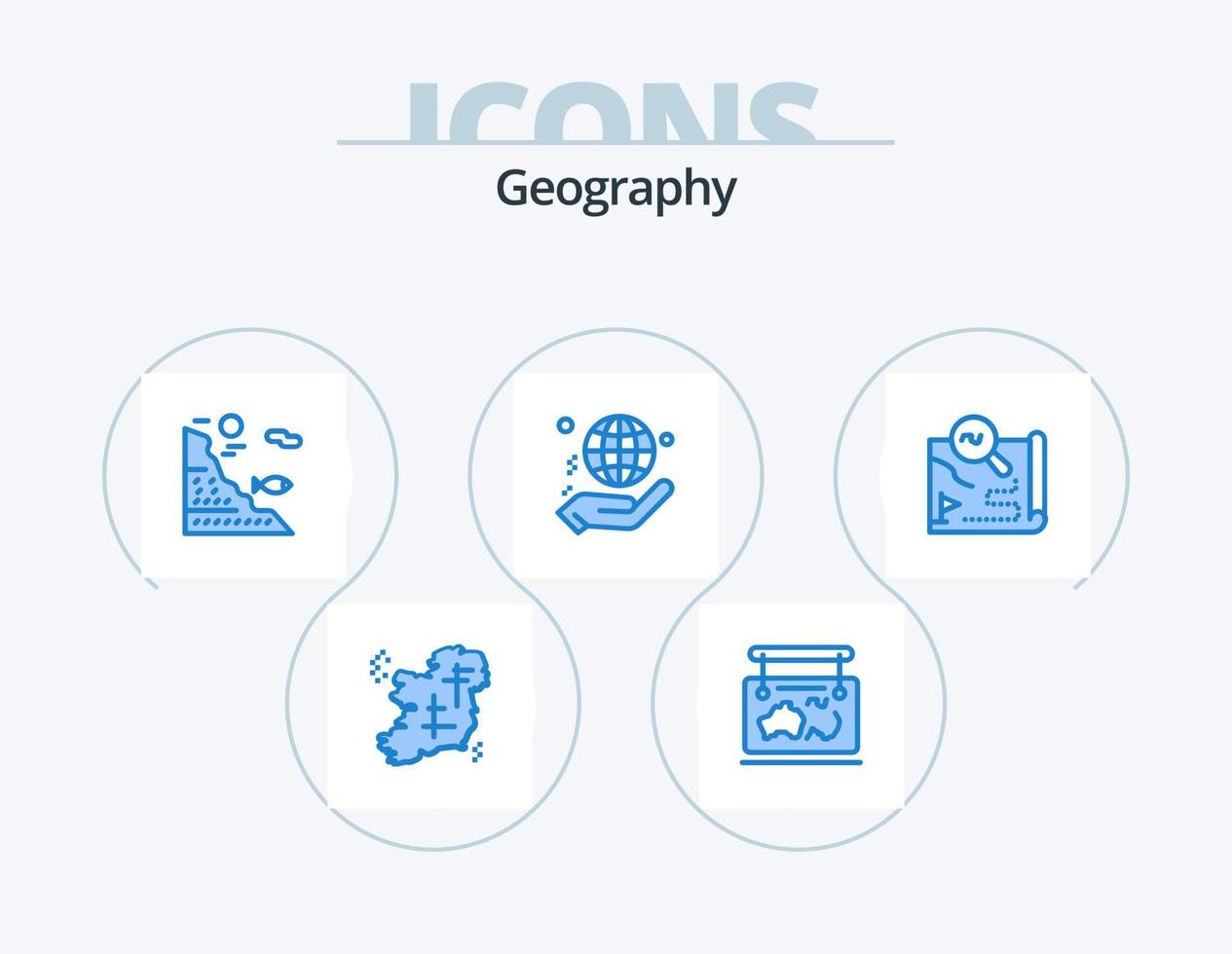 Geo Graphy Blue Icon Pack 5 Icon Design. globe. hand. guide. fishing. fish vector